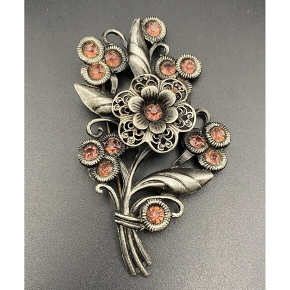 Unbranded Jewelry - Vintage Purple Glass Rhinestone Floral Bouquet Brooch Filigree Silver Tone 3.25"